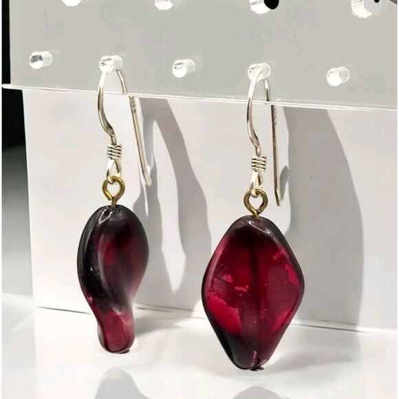 Deep Red 925 Earrings Swirled Twisted Bead Sterling Dangle Marked Artisan Style - Picture 1 of 8